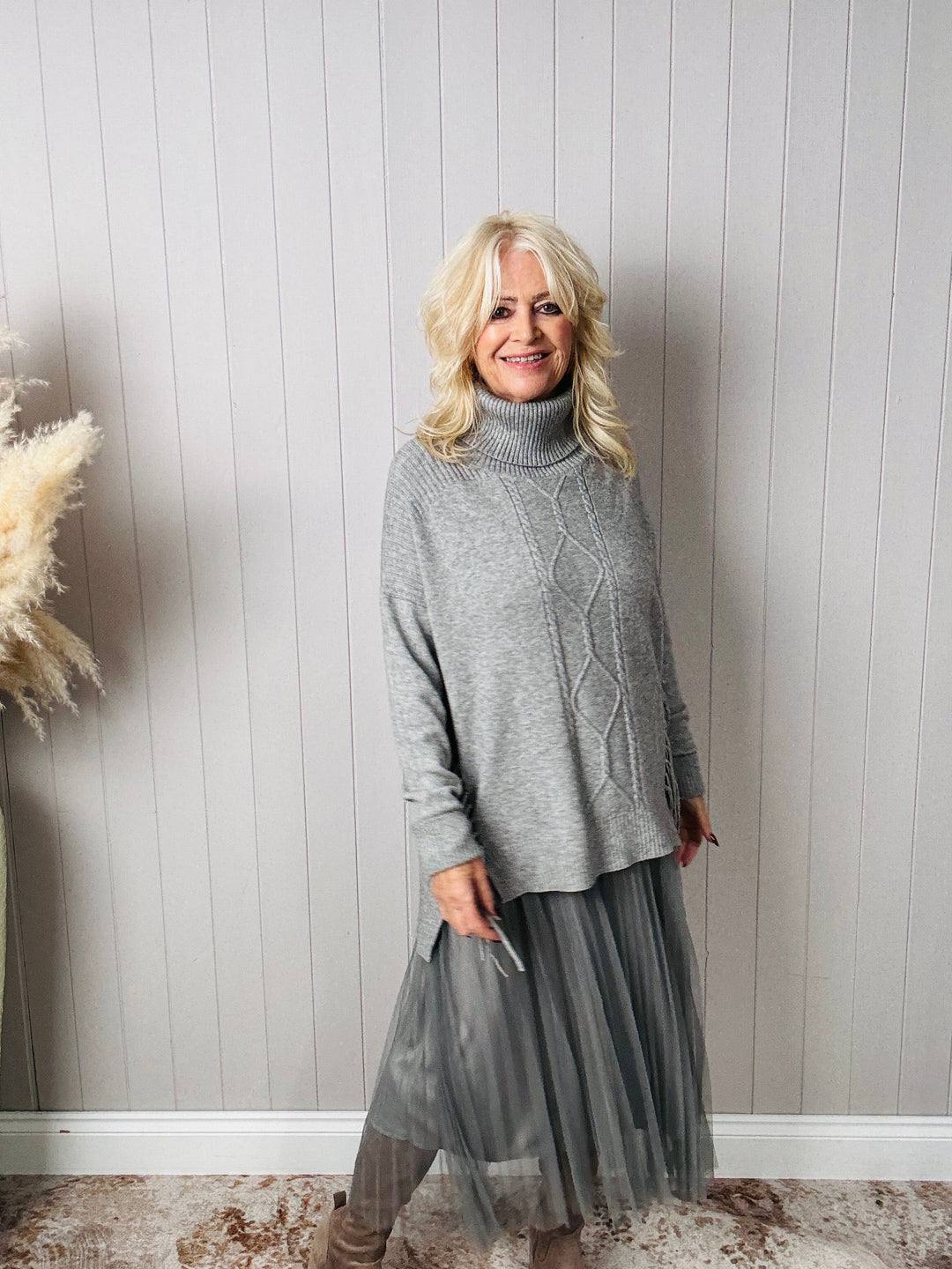 Francesca Fringe Knit Dress Grey