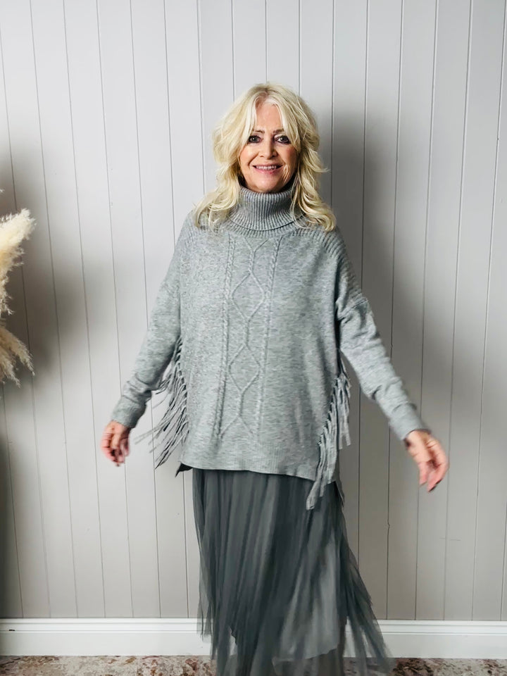 Francesca Fringe Knit Dress Grey