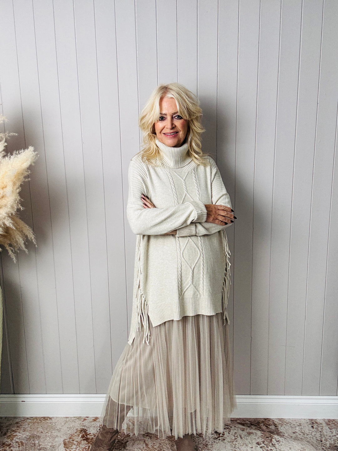 Francesca Fringe Knit Dress Cream