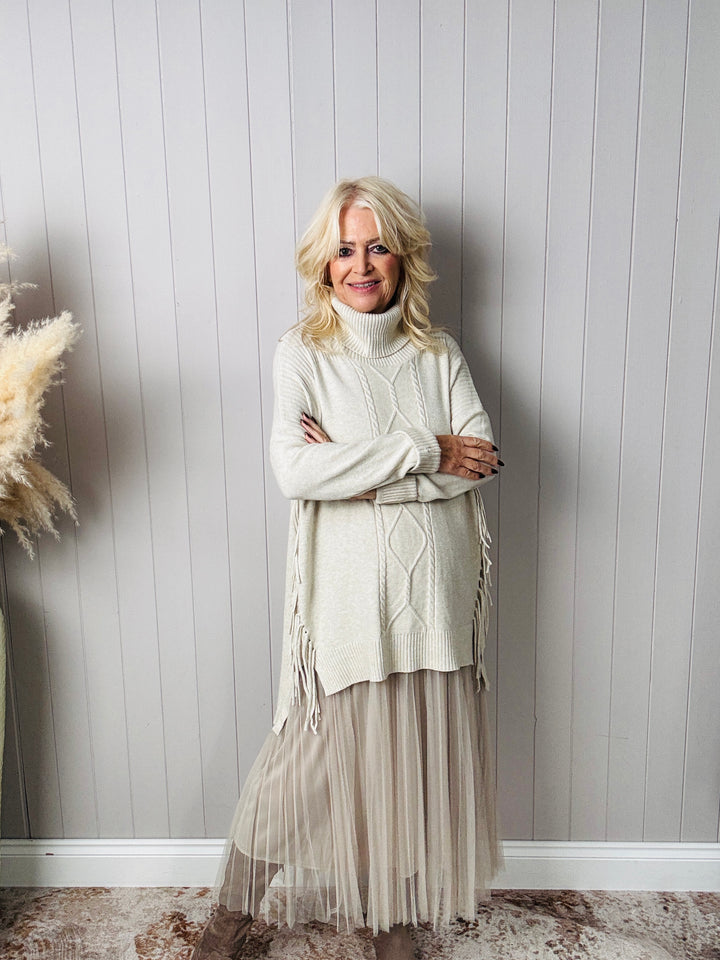 Francesca Fringe Knit Dress Cream