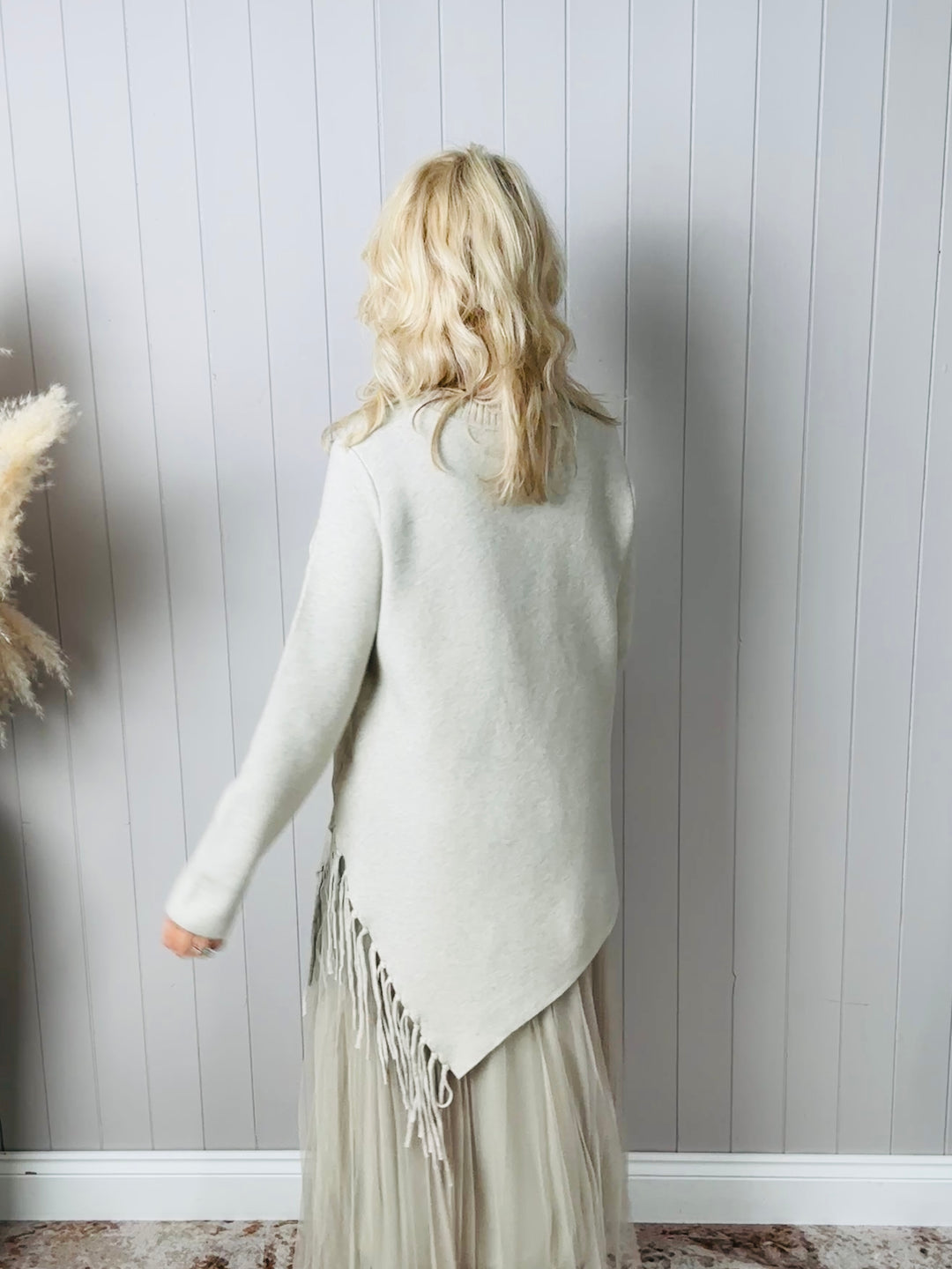 Asymmetric Fringe Knit Dress Beige