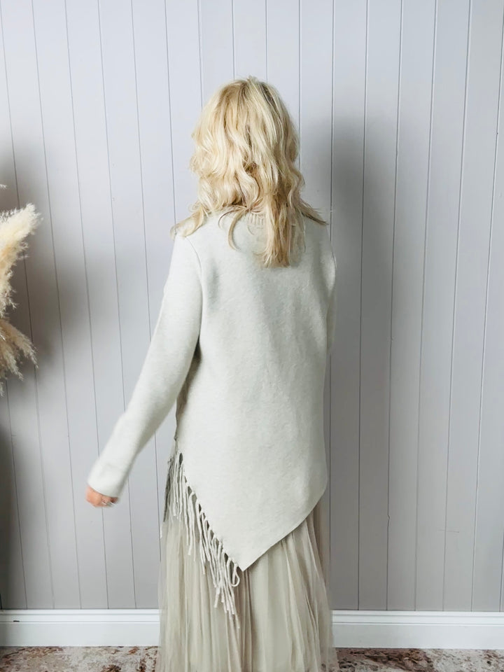 Asymmetric Fringe Knit Dress Beige