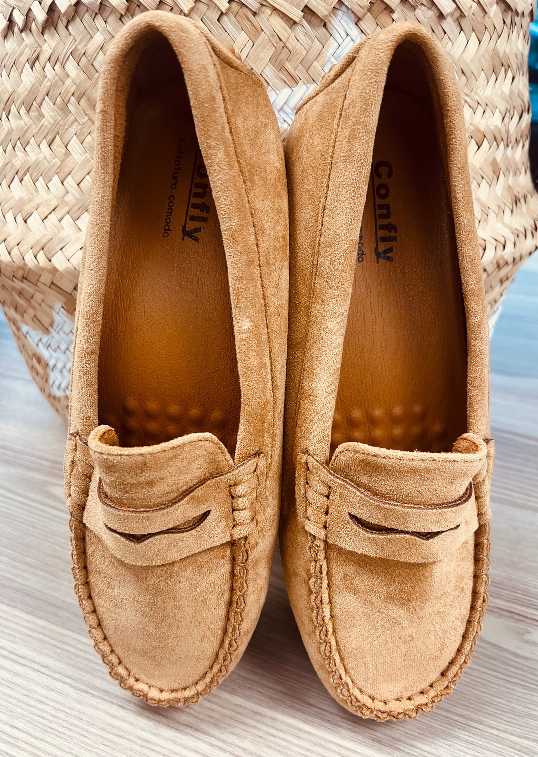 Faux suede camel loafers