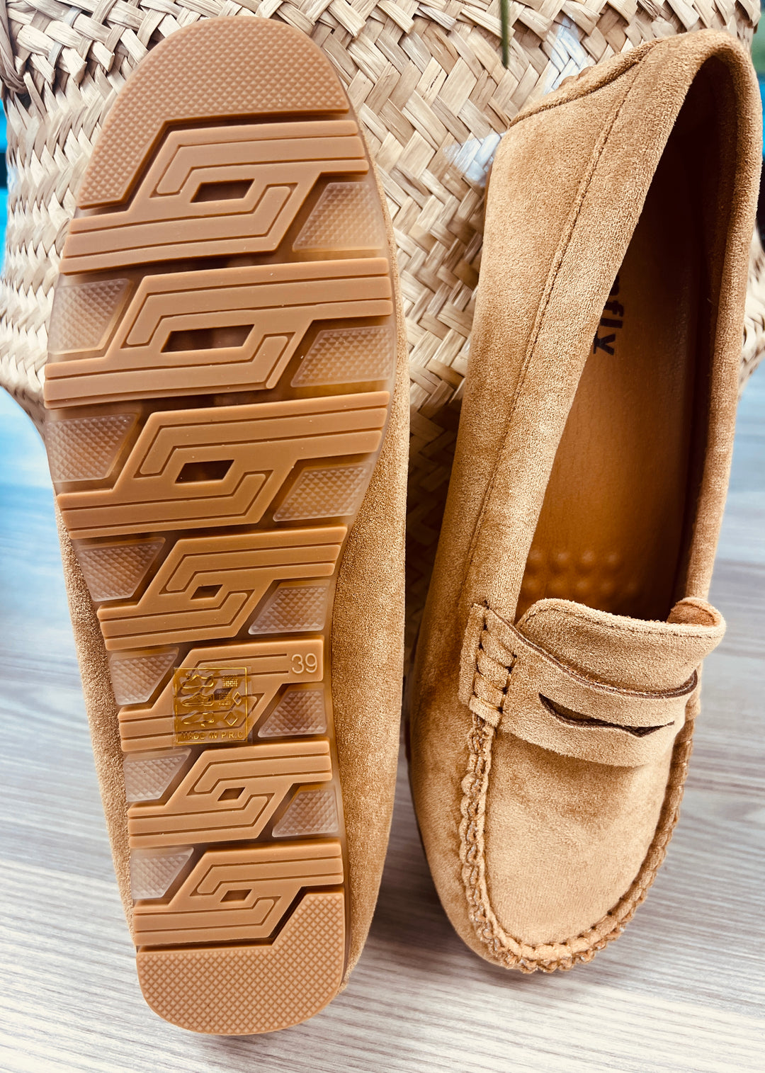 Faux suede camel loafers