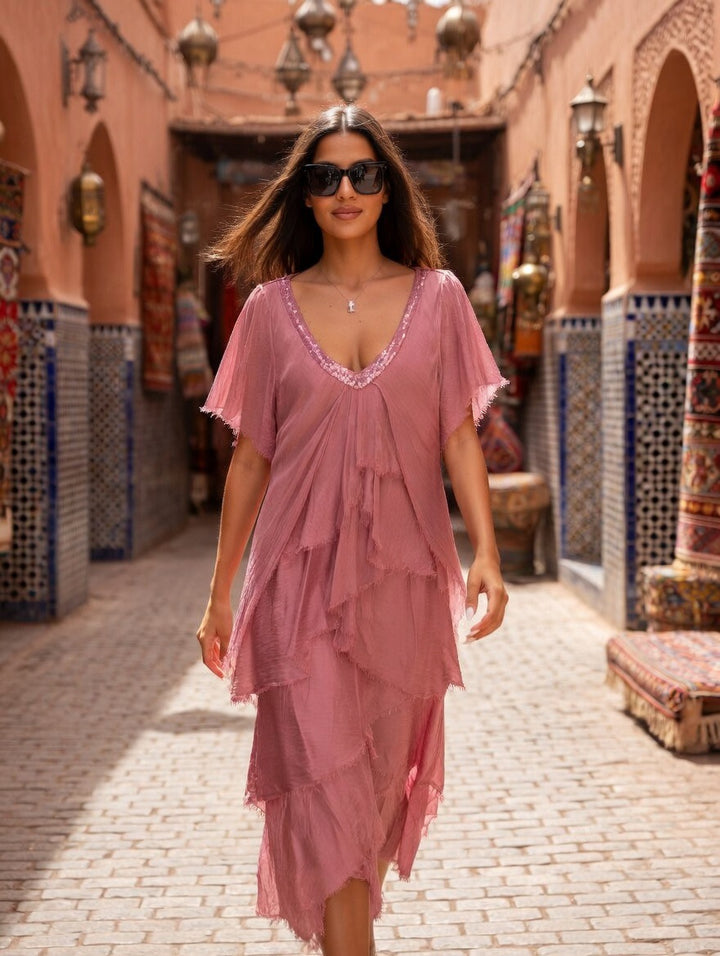 Sorelle Silk Ruffle Dress Rose