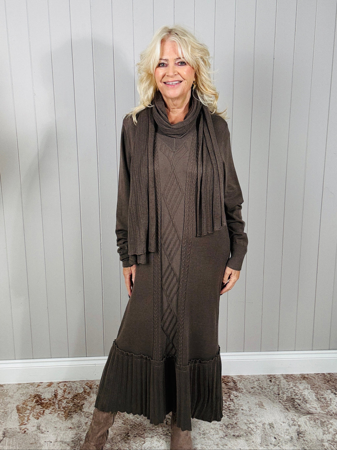 Connie Cable Knit Dress & Scarf Coffee