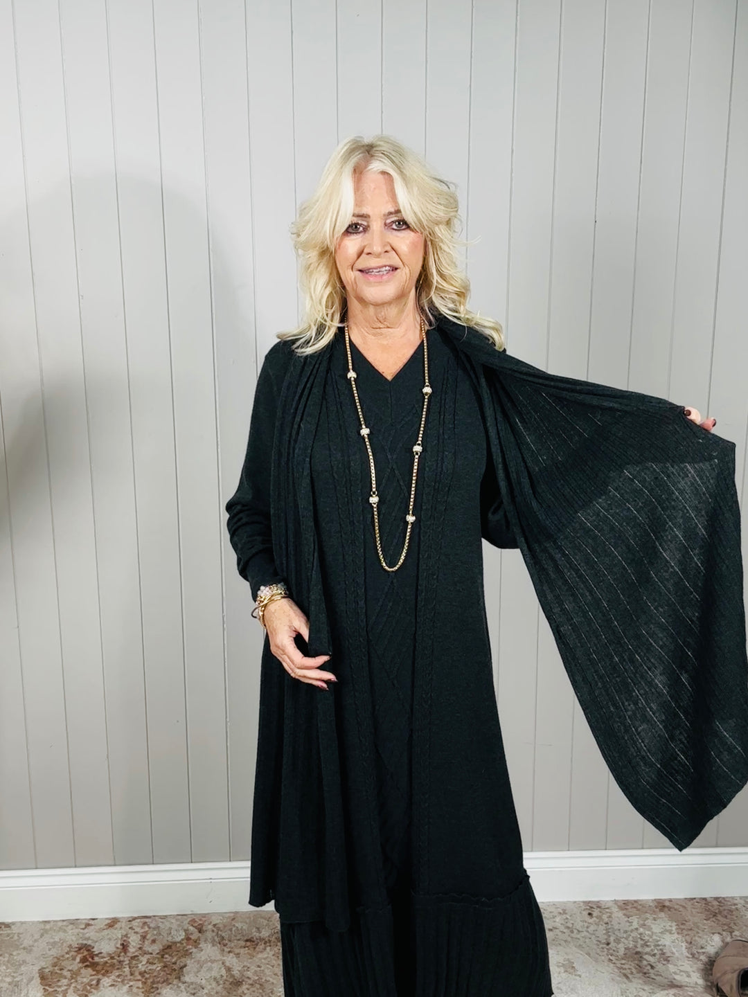 Connie Cable Knit Dress & Scarf Charcoal
