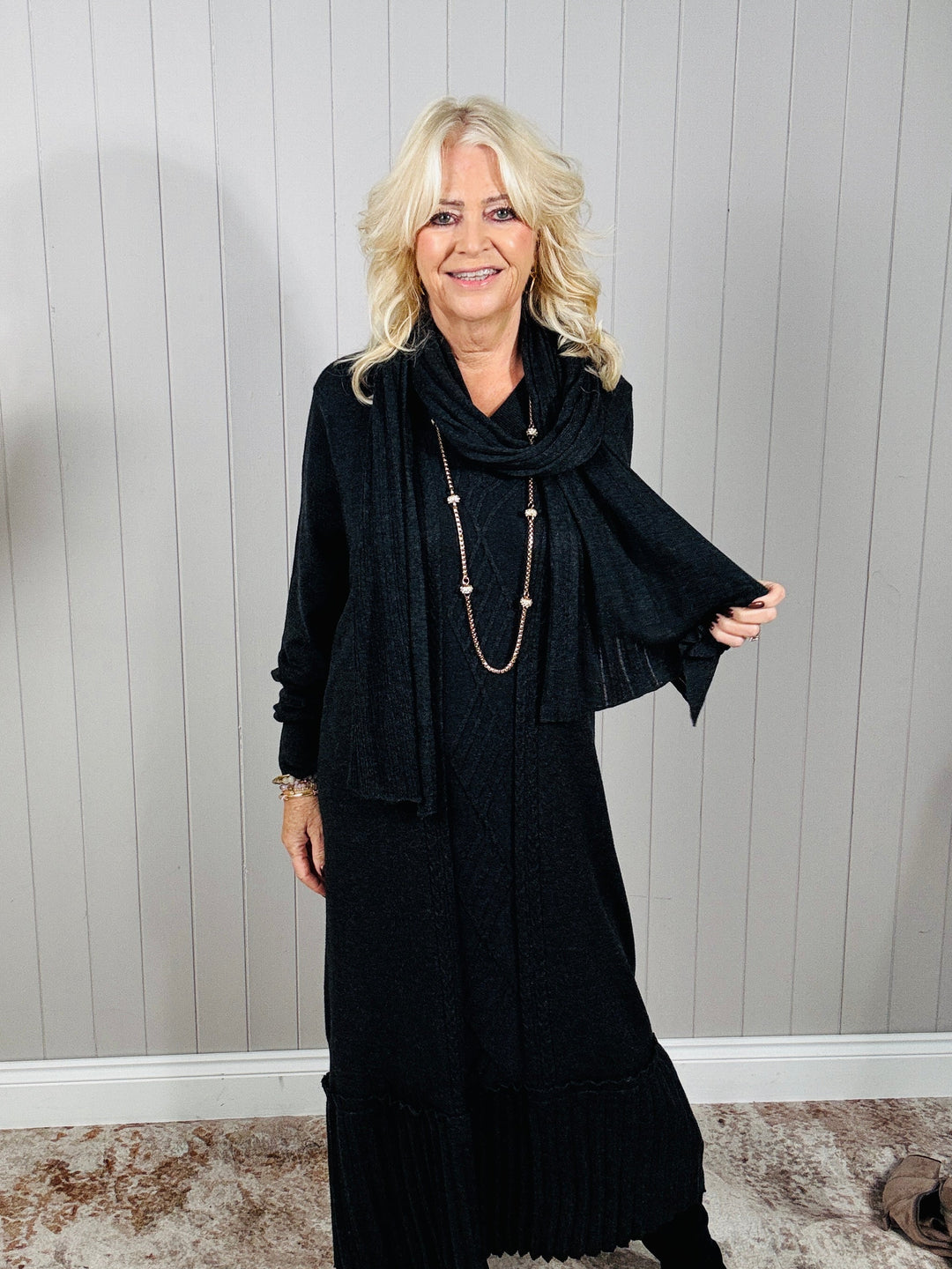 Connie Cable Knit Dress & Scarf Charcoal