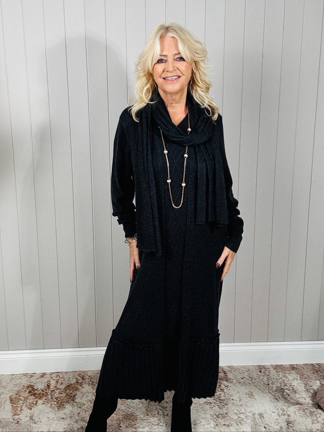 Connie Cable Knit Dress & Scarf Charcoal
