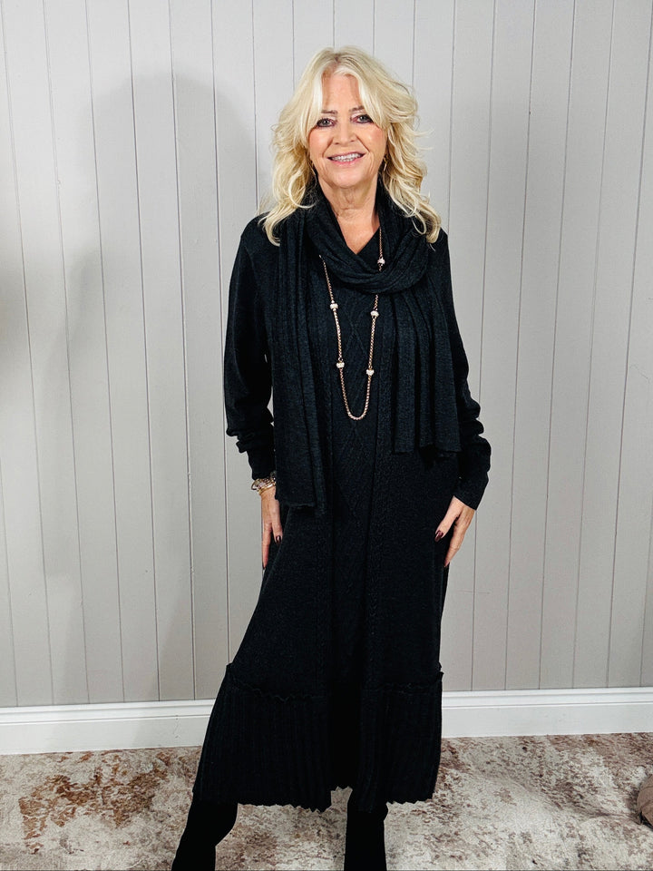 Connie Cable Knit Dress & Scarf Charcoal