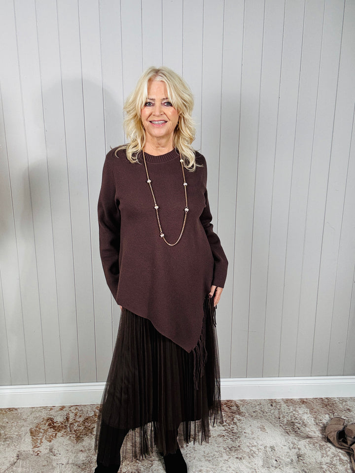 Asymmetric Fringe Knit Dress Chocolate
