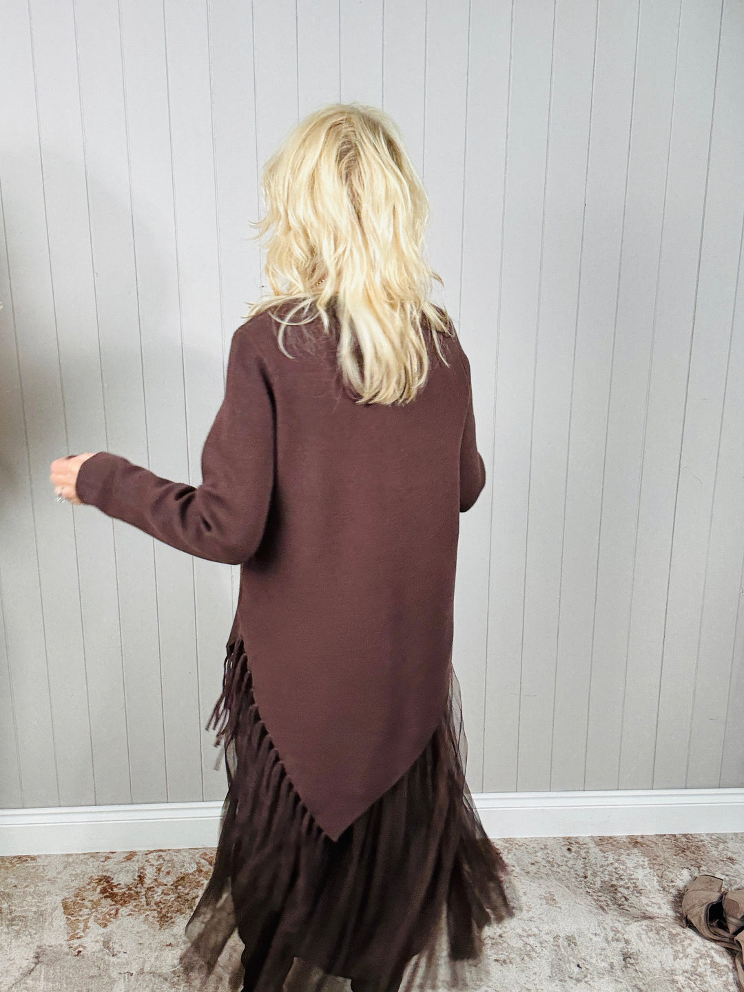 Asymmetric Fringe Knit Dress Chocolate