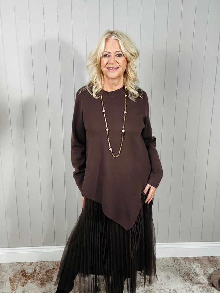 Asymmetric Fringe Knit Dress Black