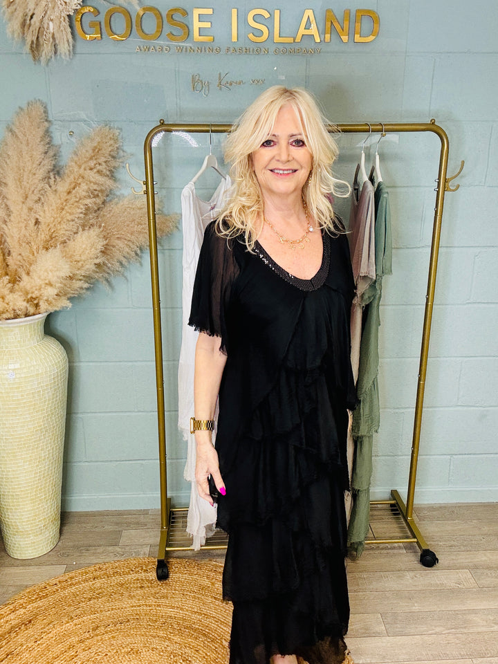 Sorelle Silk Ruffle Dress Black