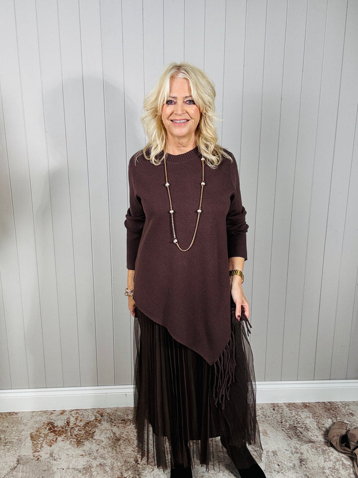 Asymmetric Fringe Knit Dress Black