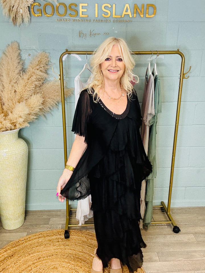 Sorelle Silk Ruffle Dress Black