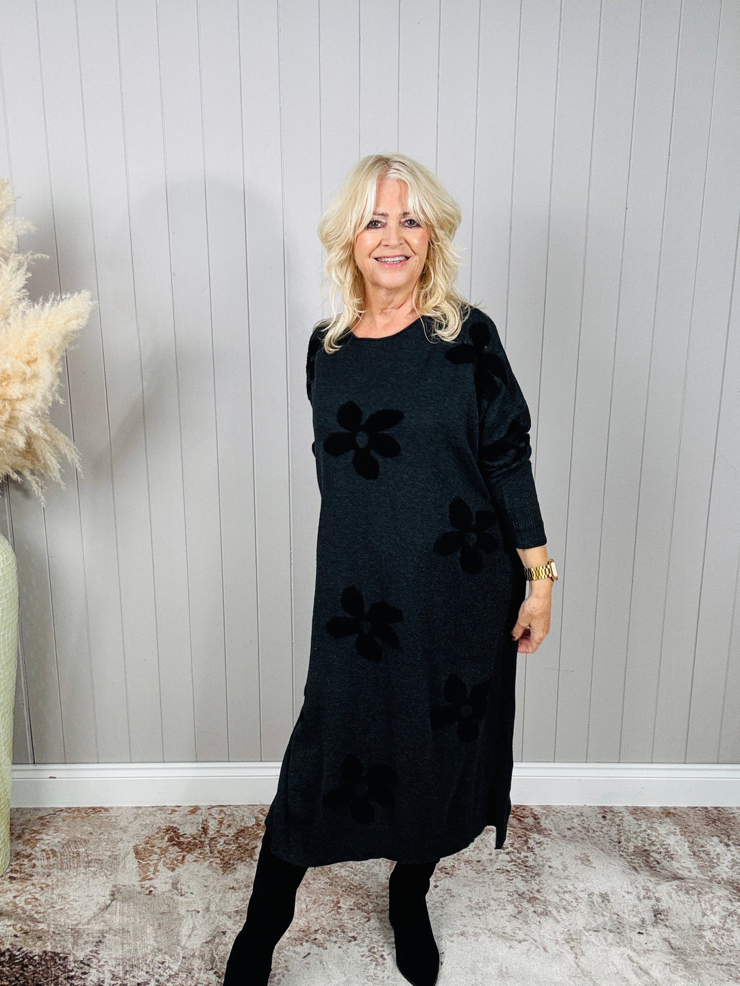 Farrah Floral Knit Dress Charcoal