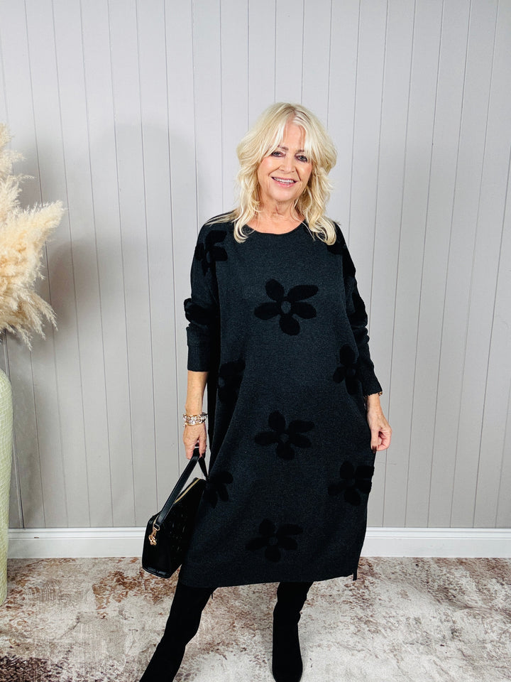Farrah Floral Knit Dress Charcoal