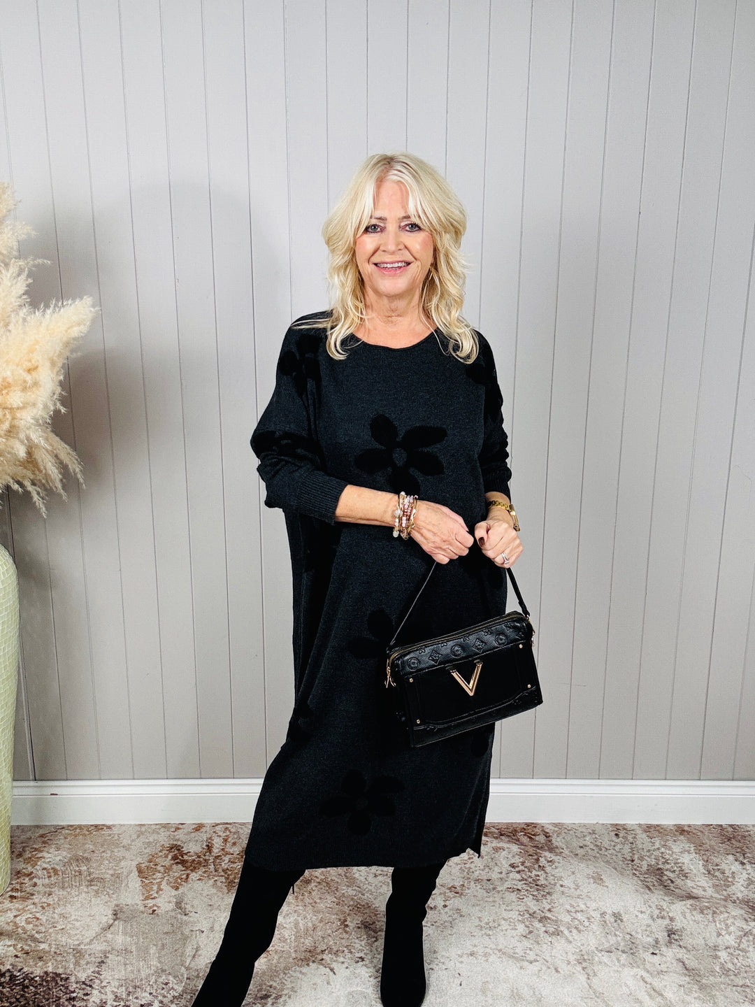 Farrah Floral Knit Dress Charcoal