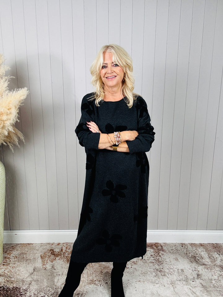 Farrah Floral Knit Dress Charcoal