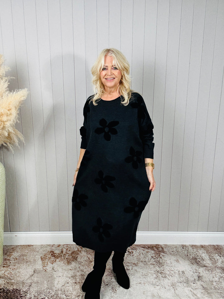 Farrah Floral Knit Dress Charcoal