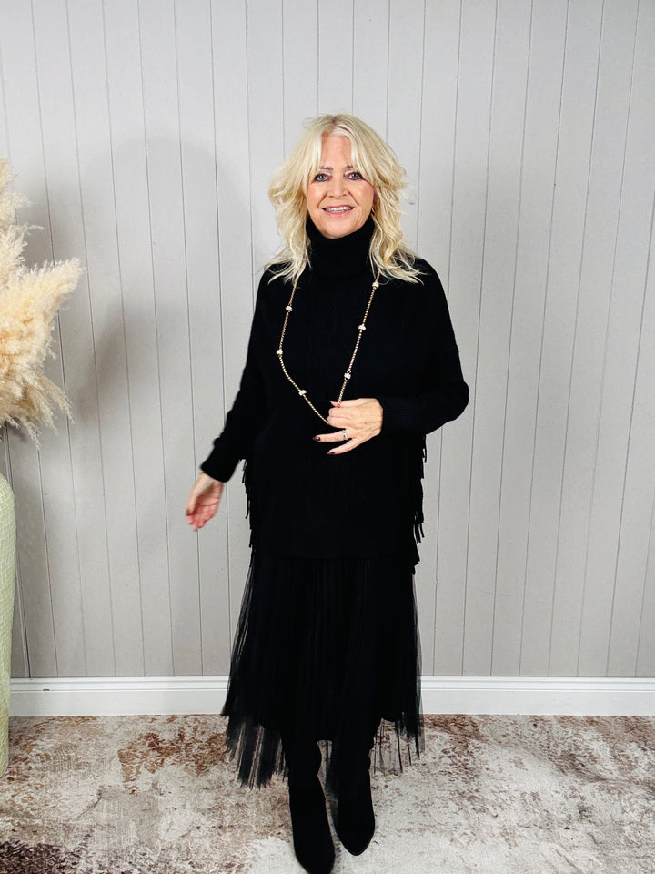 Francesca Fringe Knit Dress Black