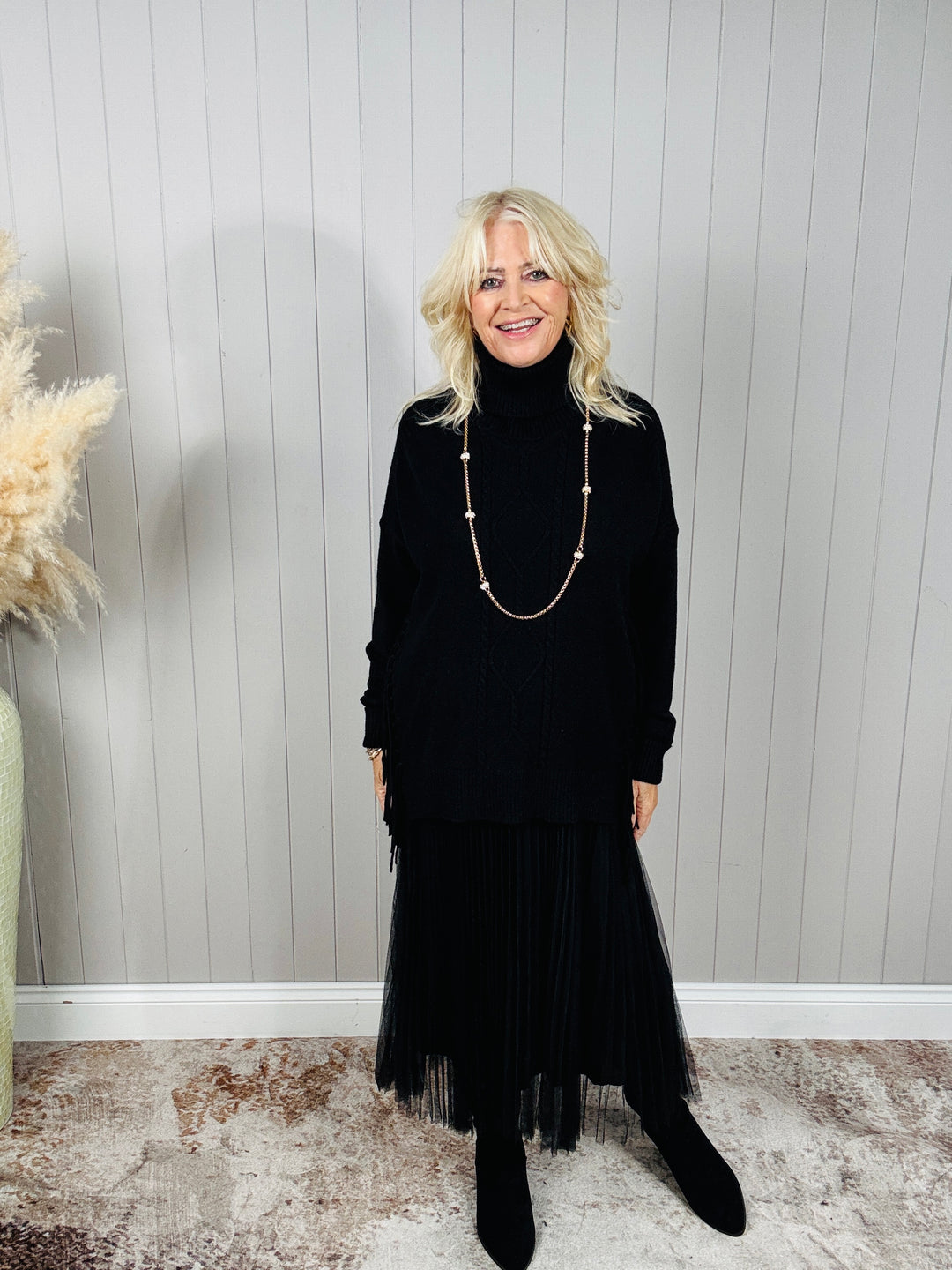 Francesca Fringe Knit Dress Black