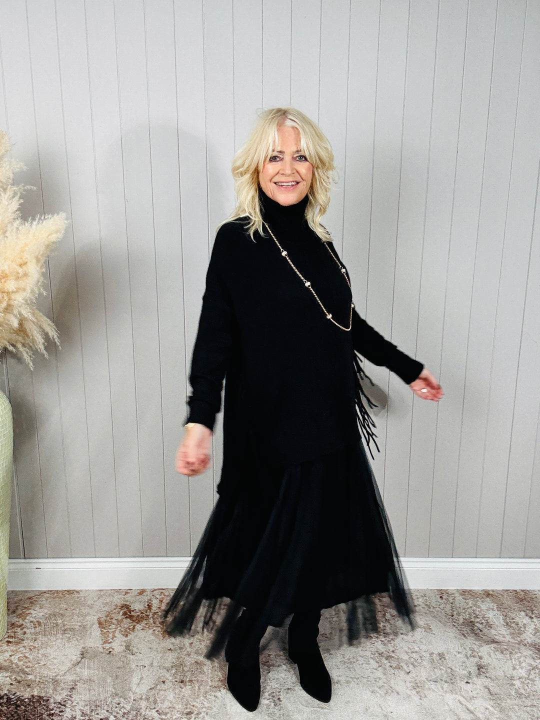 Francesca Fringe Knit Dress Black
