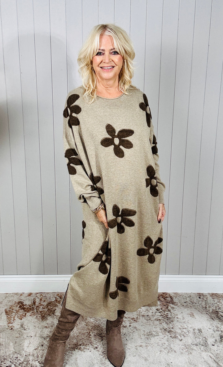 Farrah Floral Knit Dress Beige