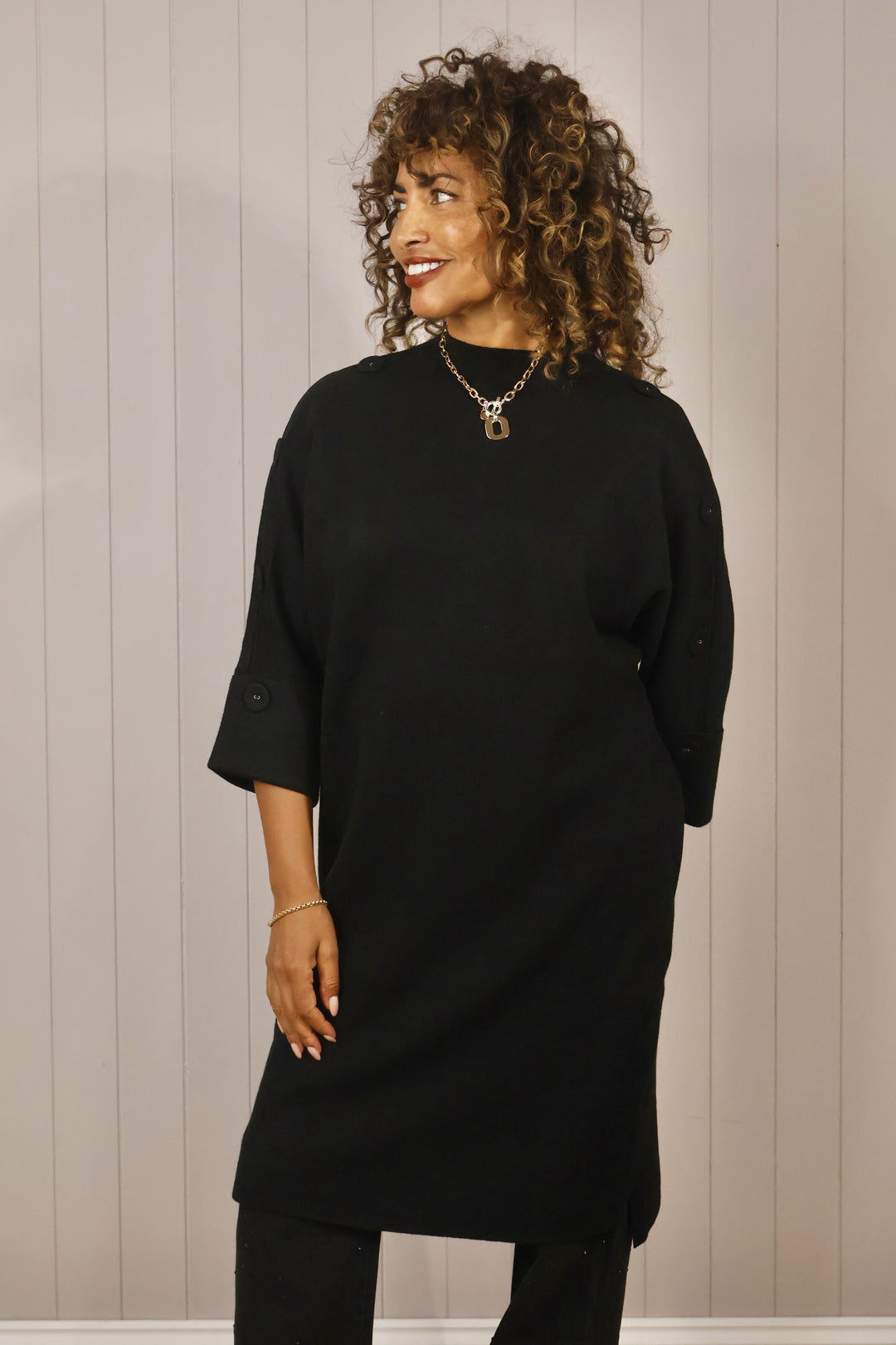 Bella Button Sleeve Tunic Dress