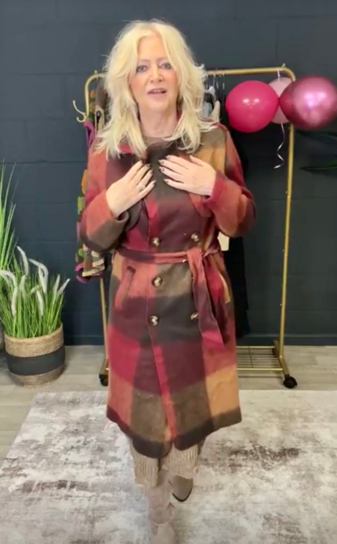 Roma Checked Coat Burgundy