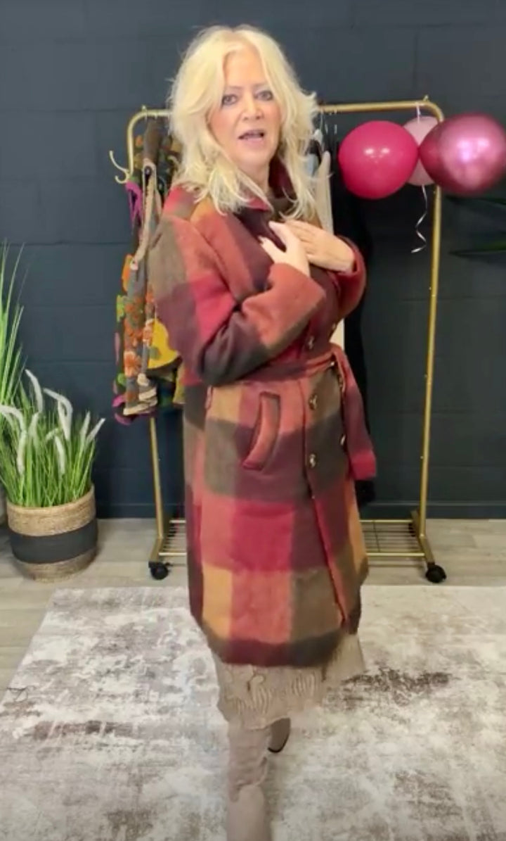 Roma Checked Coat Burgundy