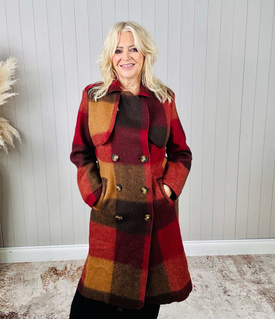 Roma Checked Coat Burgundy