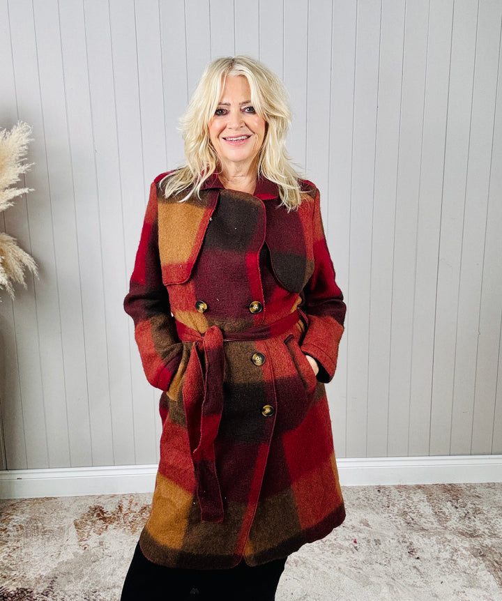 Roma Checked Coat Burgundy
