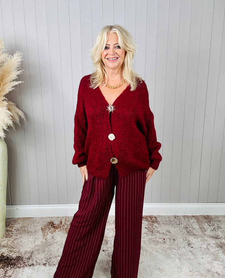 Sandy Brooch Cardigan Wine