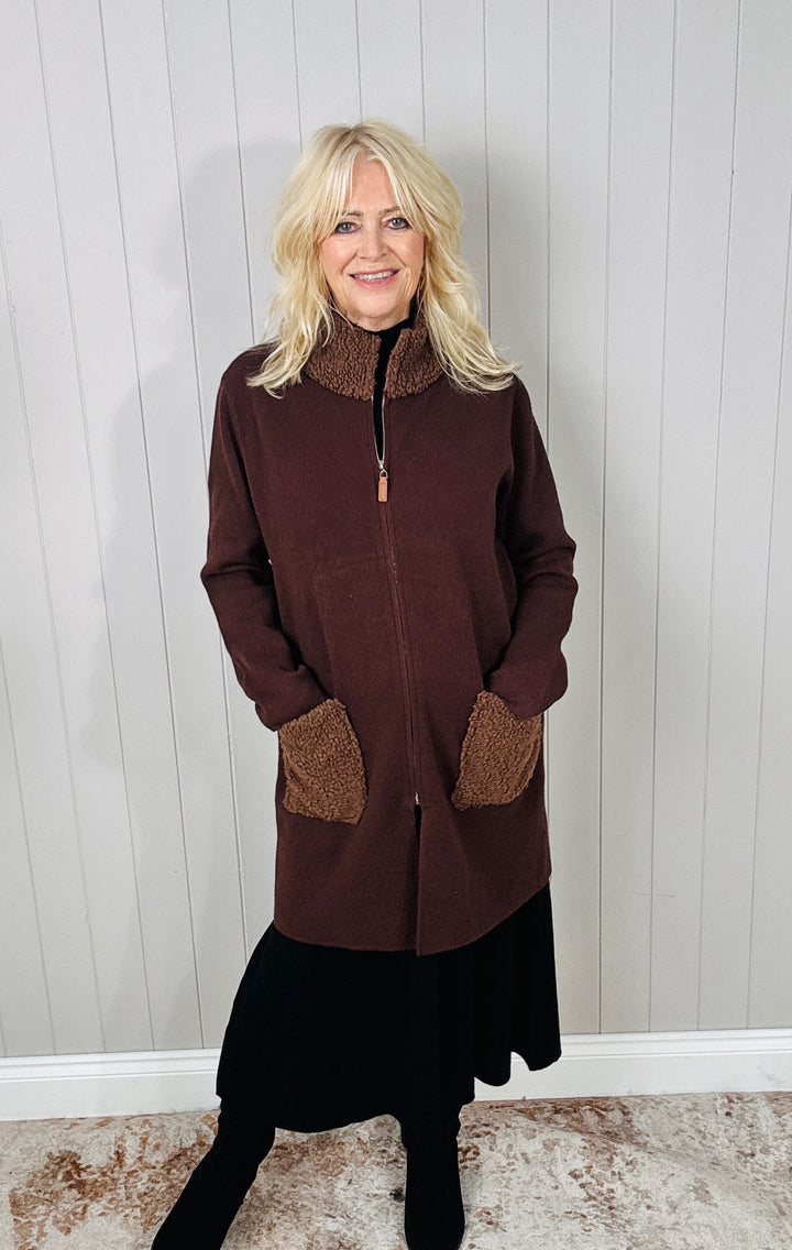 Teddy Trim Cardigan Chocolate