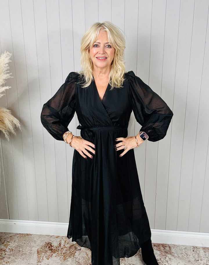 Flavia Sheer Belted Dress Black