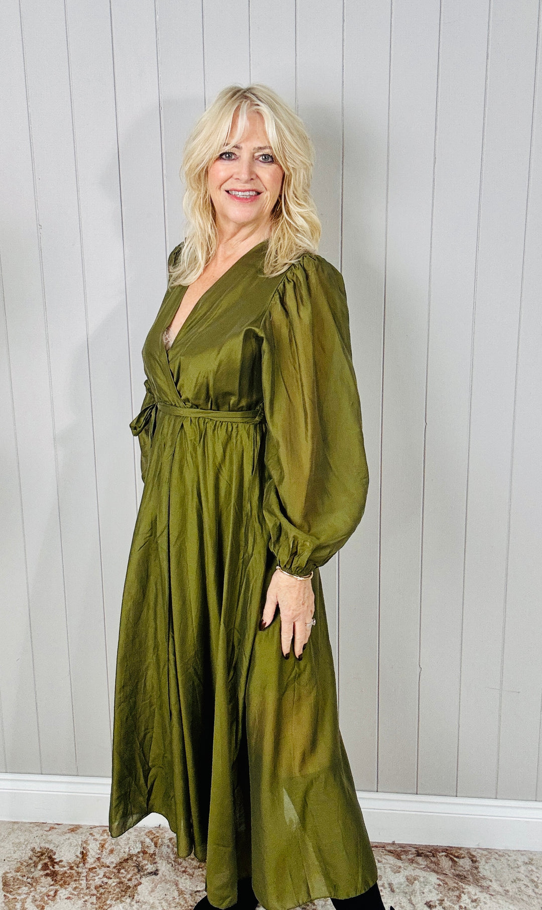 Flavia Sheer Belted Dress Olive