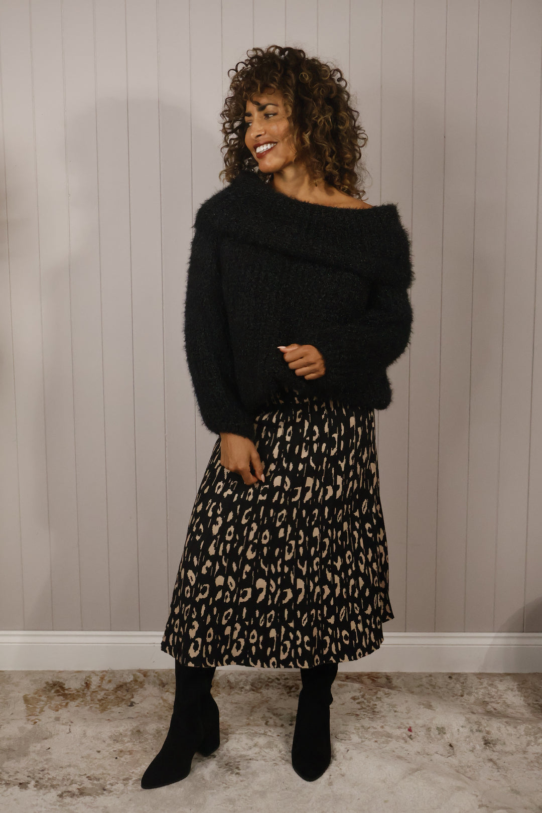Leopard Print Pleated Knit Skirt