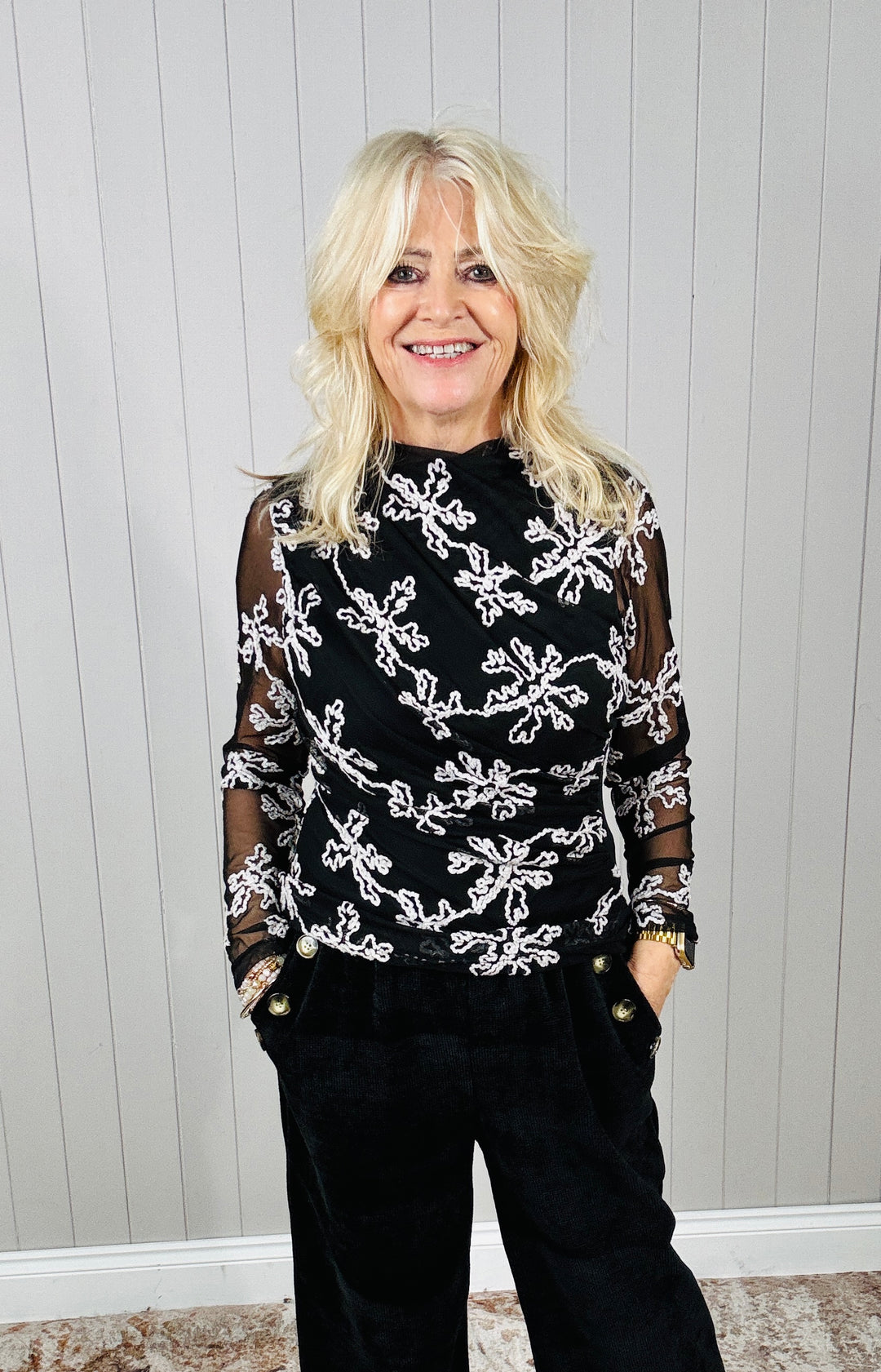 Elvira Embroidered Mesh Top Black