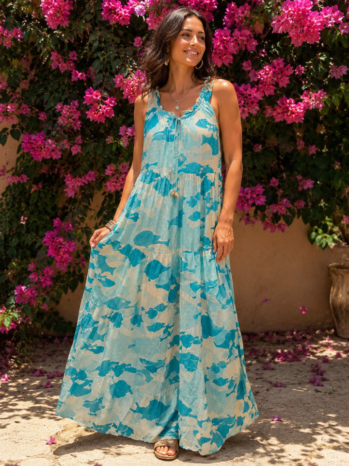 Eva Abstract Fish Print Dress Aqua