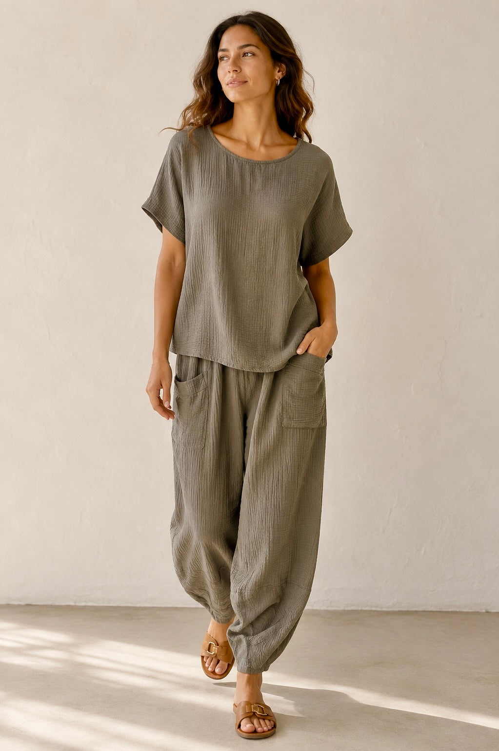 Havana Crinkle Trouser Co Ord Mocha