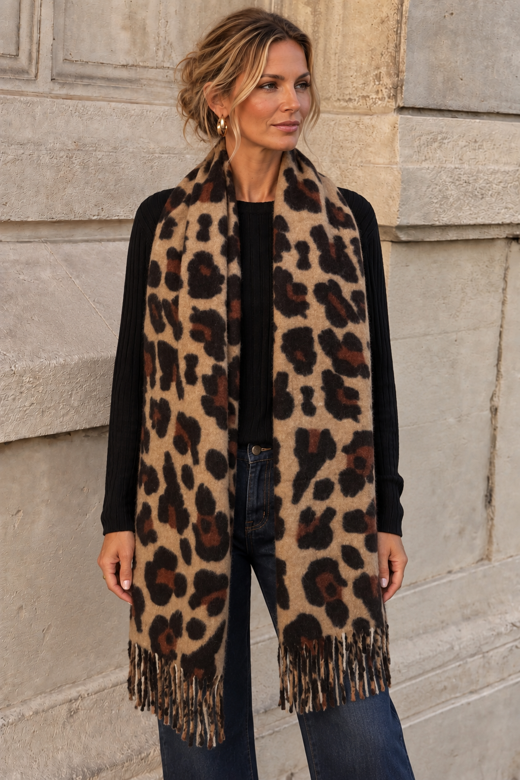 Layla Leopard Print Scarf Camel