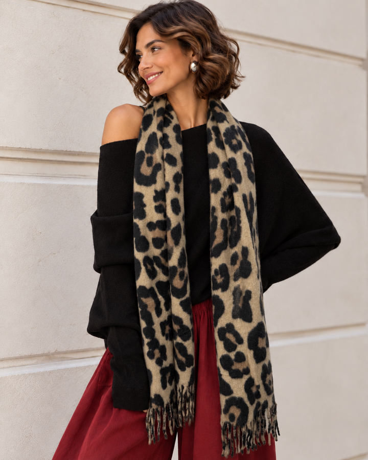 Layla Leopard Print Scarf Beige