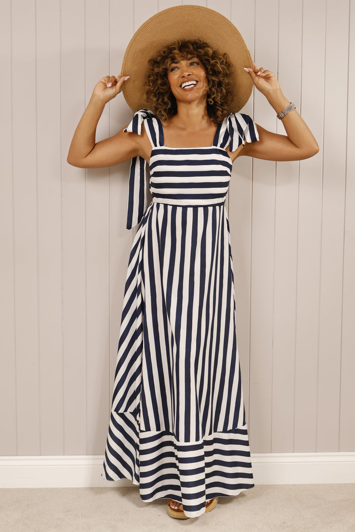 Bow Tie Striped Dress Navy