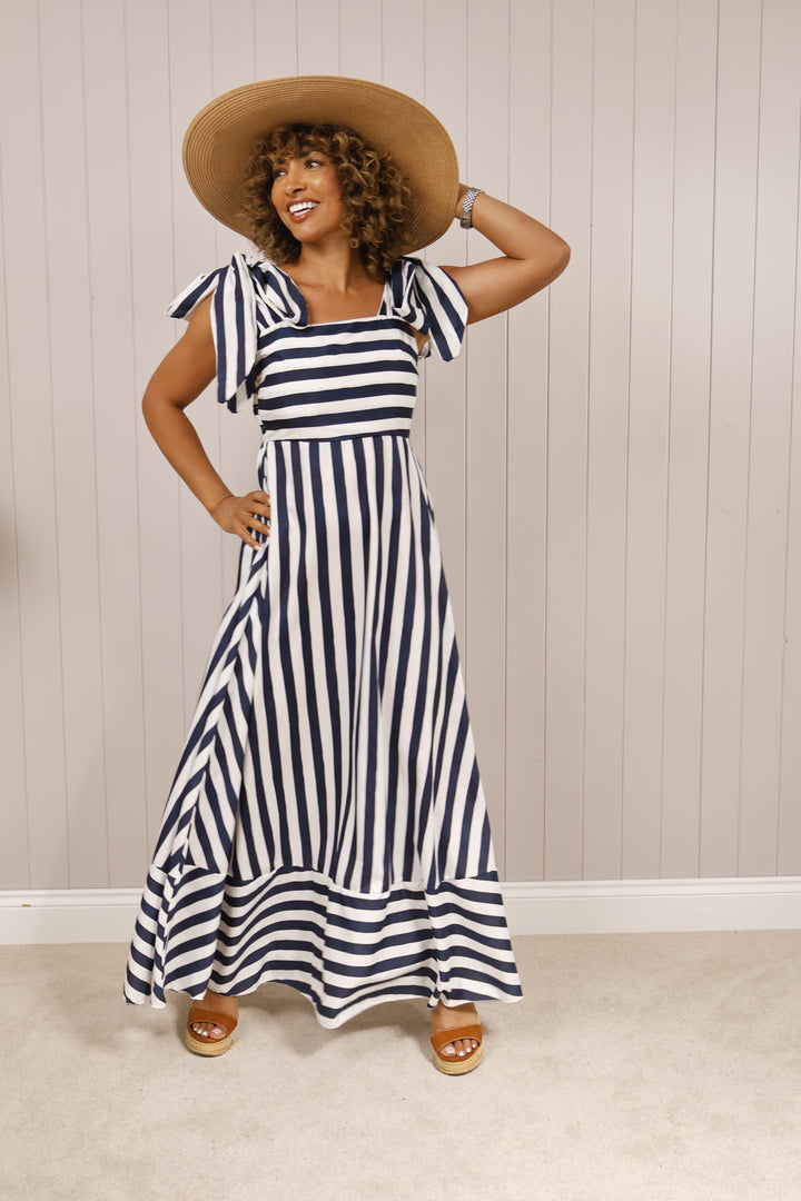 Bow Tie Striped Dress Navy