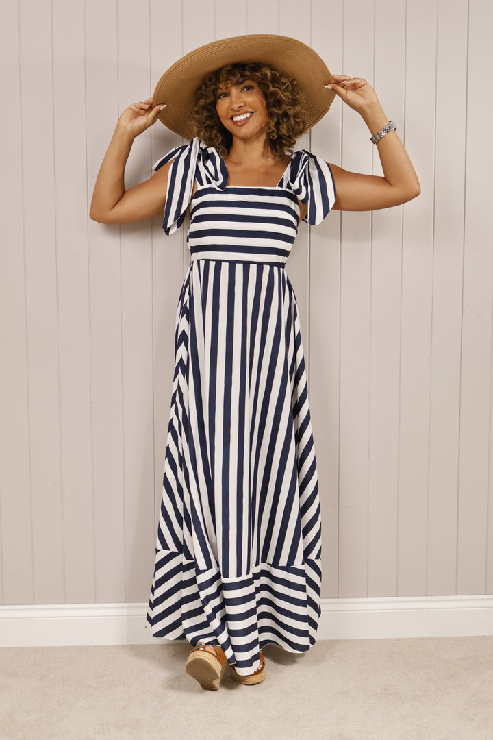 Bow Tie Striped Dress Navy