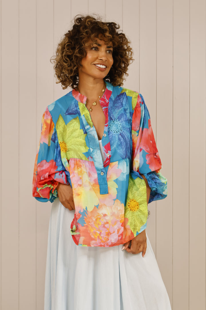 Multi Print Flower Blouse Turquoise