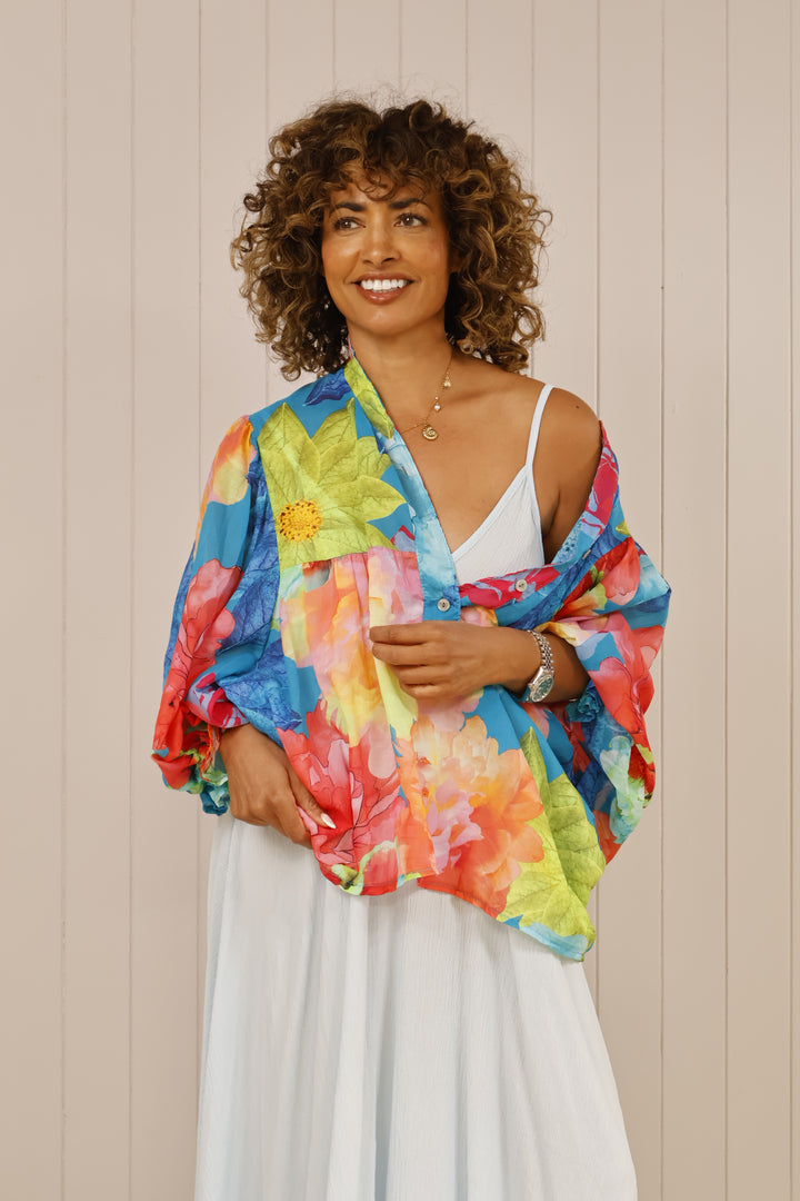 Multi Print Flower Blouse Turquoise