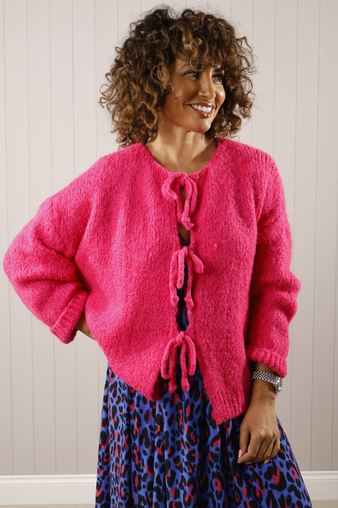Tie Woollen Cardigan Fuchsia
